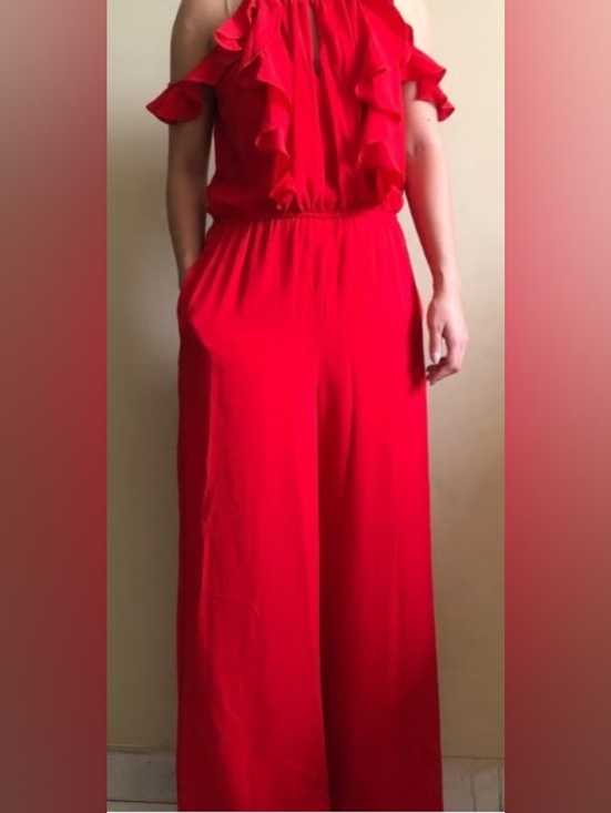 Lane Bryant Pants - Lane Bryant Coral Wide-Leg Ruffle Front Accent Cold Shoulder Jumpsuit Size 22